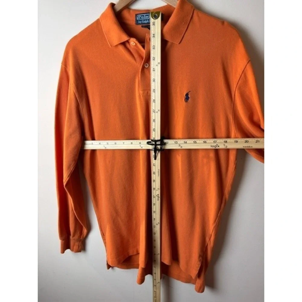 Mens L Polo Ralph Lauren Polo Shirt Orange Cotton Pony Logo Slit Hem Long Sleeve